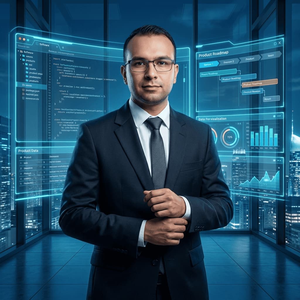 Retrato profesional de un Product Owner y Project Manager de software con una postura segura y ejecutiva. El fondo presenta un entorno tecnológico futurista con pantallas holográficas que muestran roadmaps de producto, métricas de datos y código de programación en tonos azules cinematográficos.