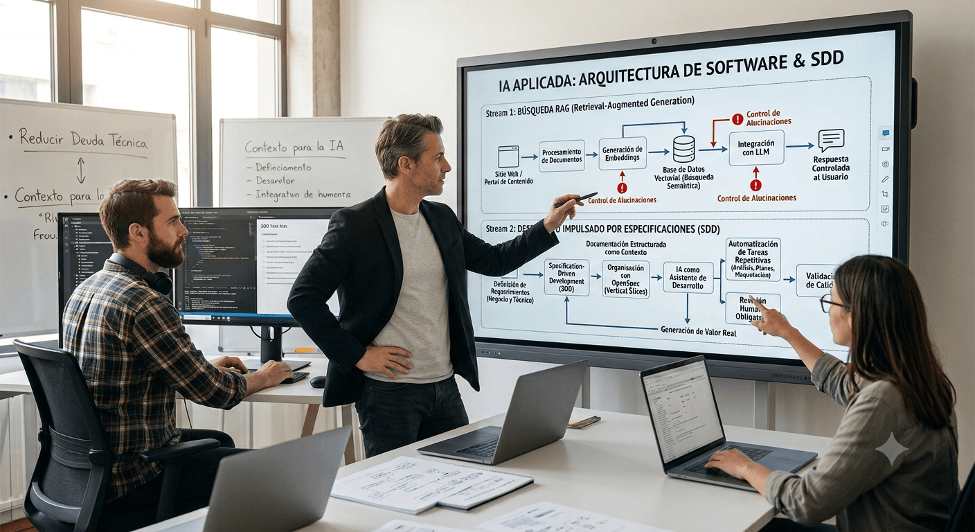 Technical team reviewing an artificial intelligence architecture for software development, with RAG, LLM, and Specification-Driven Development flows displayed on a screen.