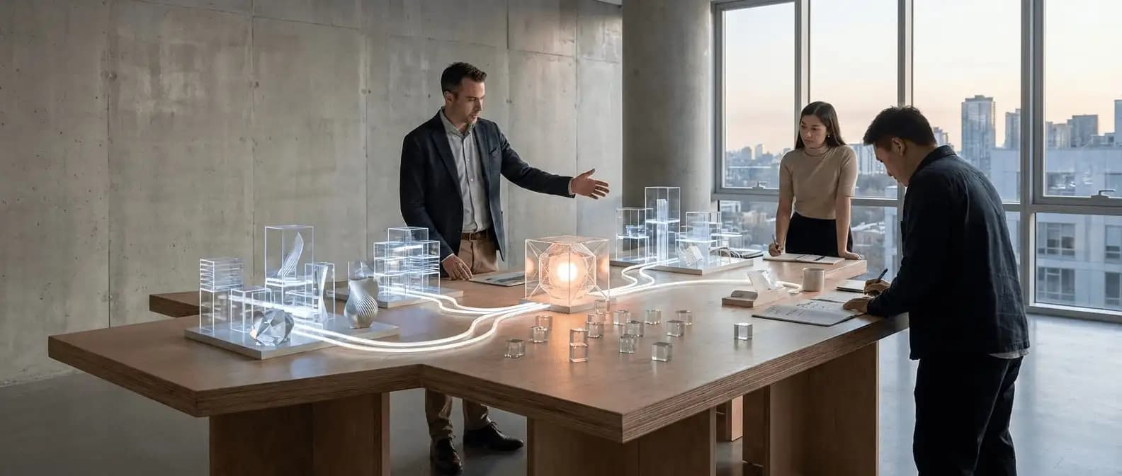 Fotografía de un equipo de trabajo moderno en una oficina luminosa, sin pantallas. Un líder de equipo señala una mesa de madera grande con representaciones físicas de proyectos