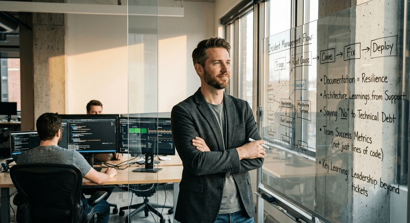 Technical leader standing in front of an incident management, architecture, and documentation board, with a development team working in the background.